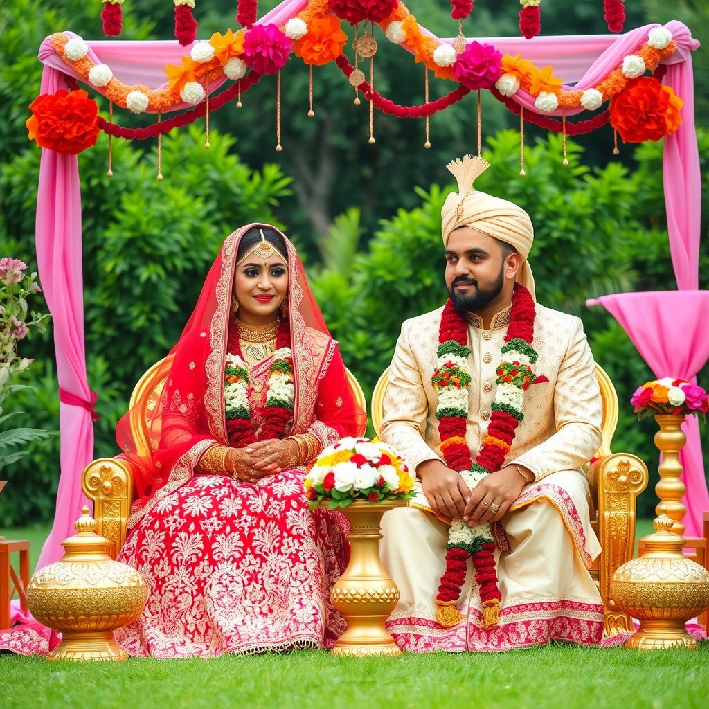 Traditional Indian Wedding Couple - Beautiful bride in red lehenga and groom in cream sherwani sitting under decorated mandap